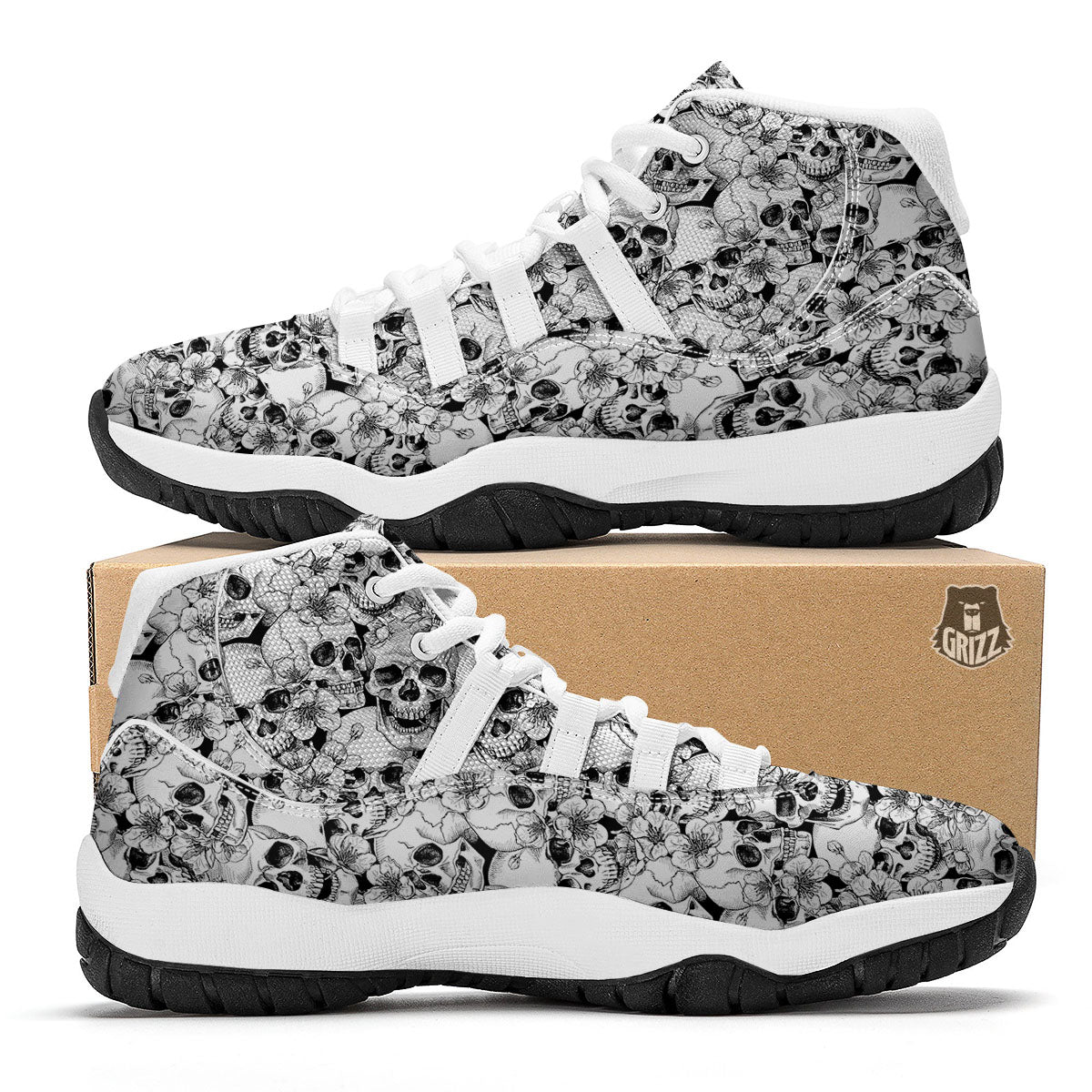 Skull Blossom Peony Print Pattern White Bball Shoes-grizzshop