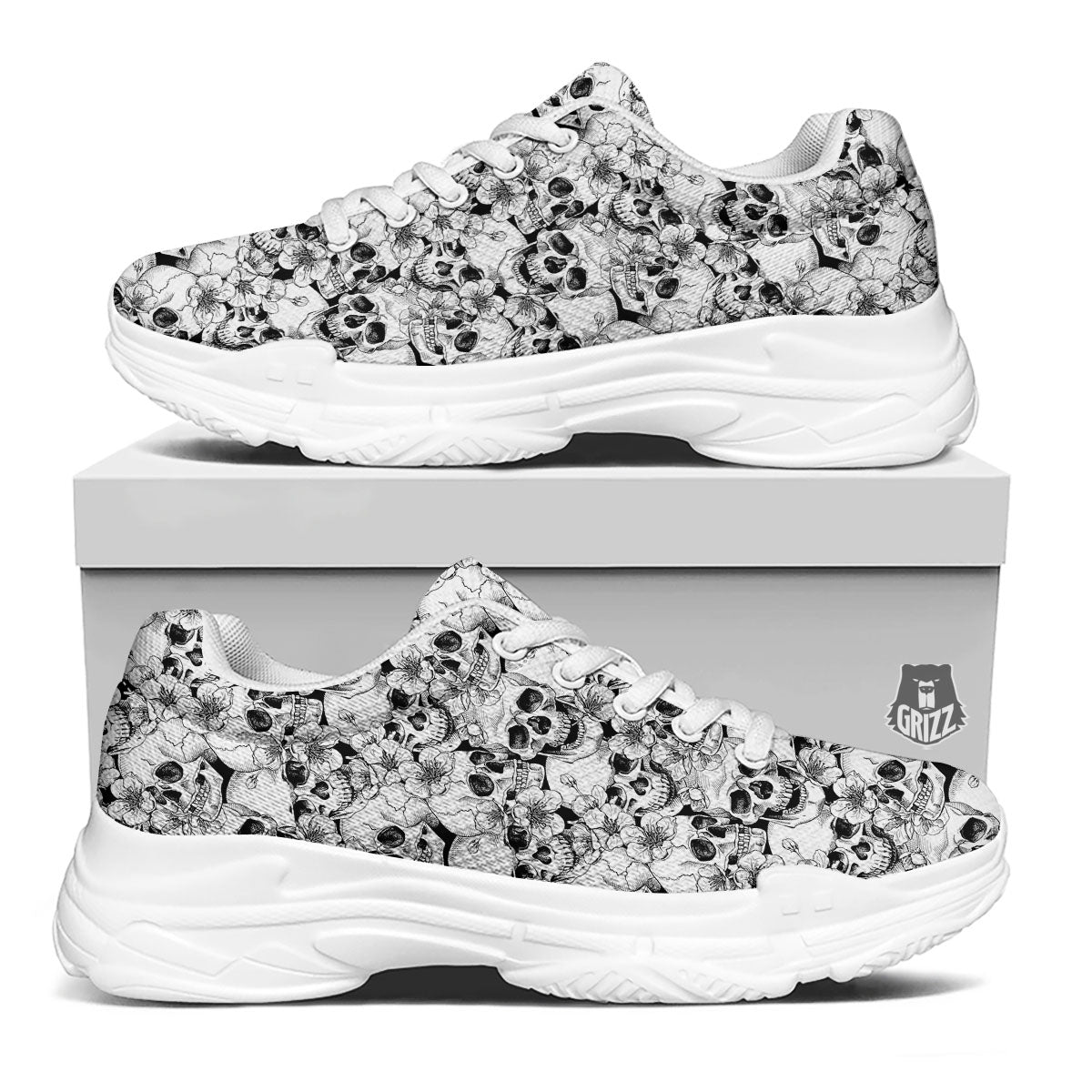 Skull Blossom Peony Print Pattern White Chunky Shoes-grizzshop