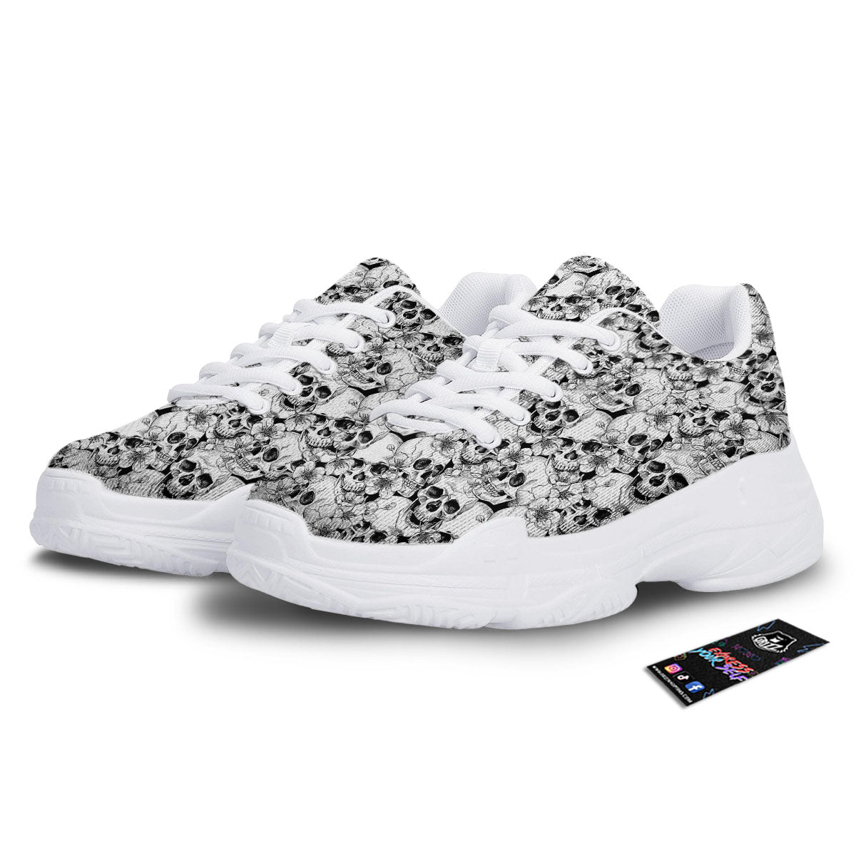 Skull Blossom Peony Print Pattern White Chunky Shoes-grizzshop