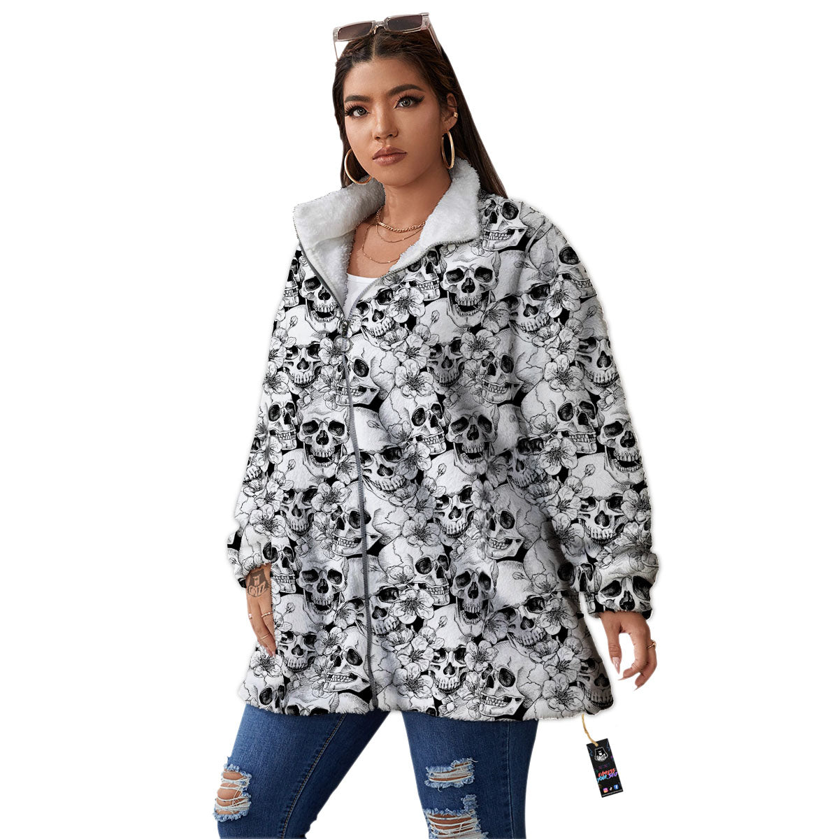 Skull Blossom Peony Print Pattern Women's Sherpa Jacket-grizzshop