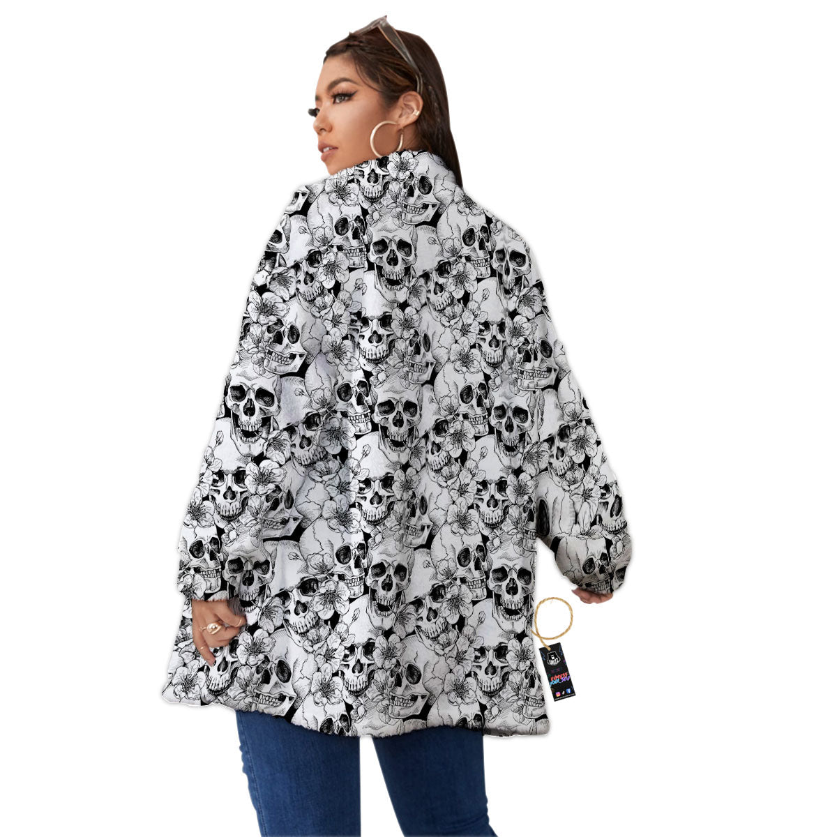 Skull Blossom Peony Print Pattern Women's Sherpa Jacket-grizzshop