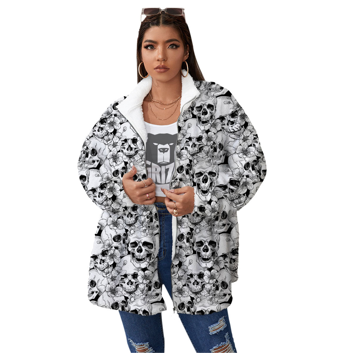 Skull Blossom Peony Print Pattern Women's Sherpa Jacket-grizzshop