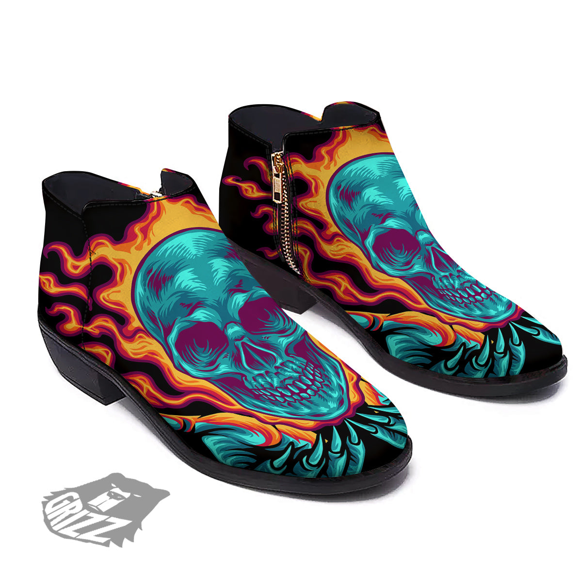 Skull Burning Print Ankle Boots-grizzshop