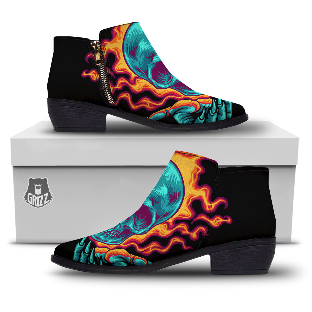 Skull Burning Print Ankle Boots-grizzshop