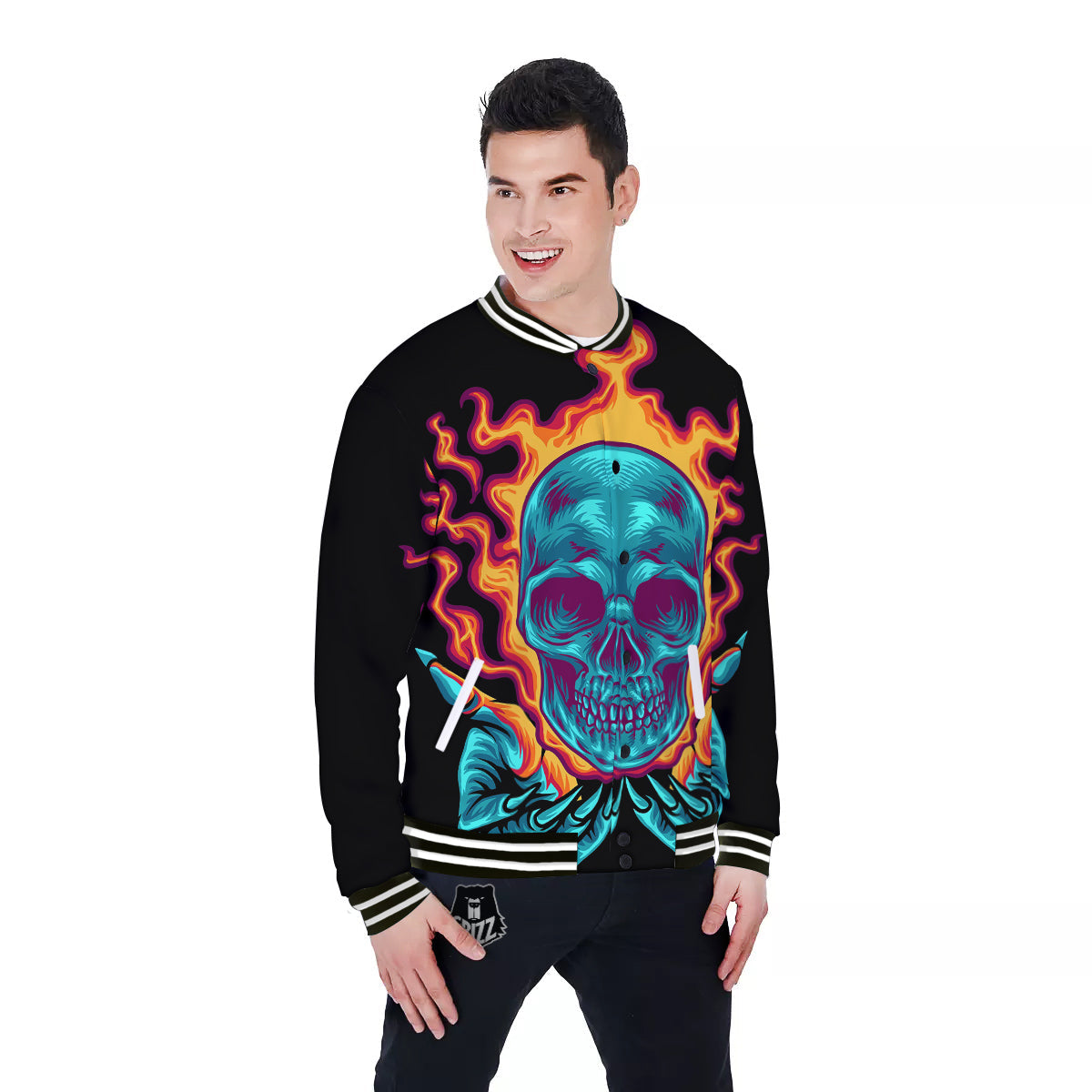 Skull Burning Print Baseball Jacket-grizzshop