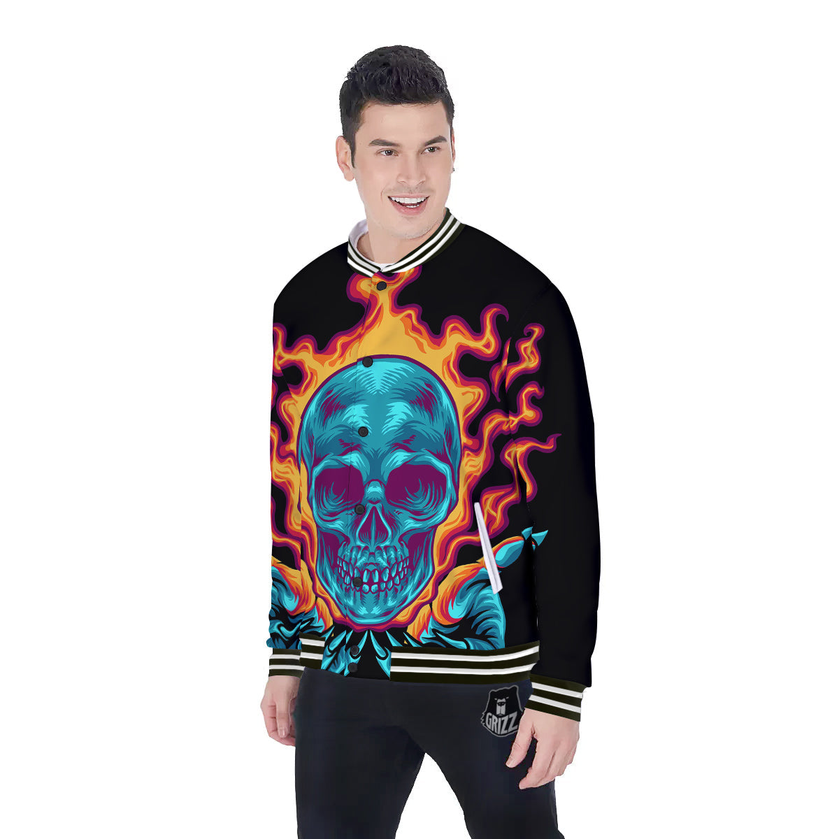 Skull Burning Print Baseball Jacket-grizzshop