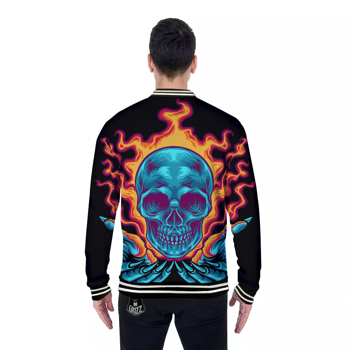 Skull Burning Print Baseball Jacket-grizzshop