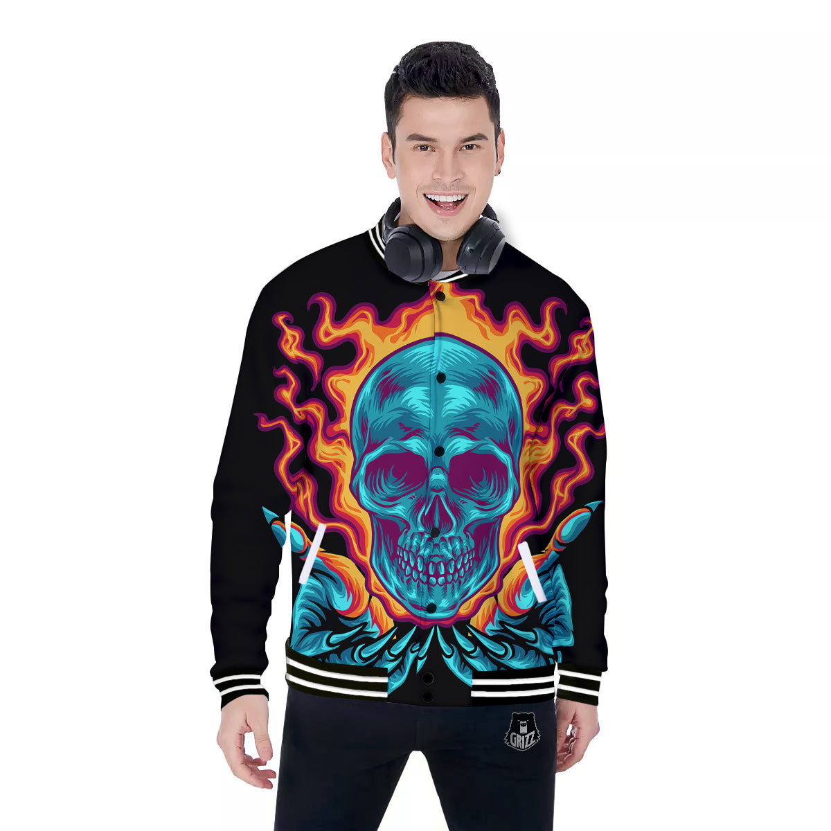 Skull Burning Print Baseball Jacket-grizzshop