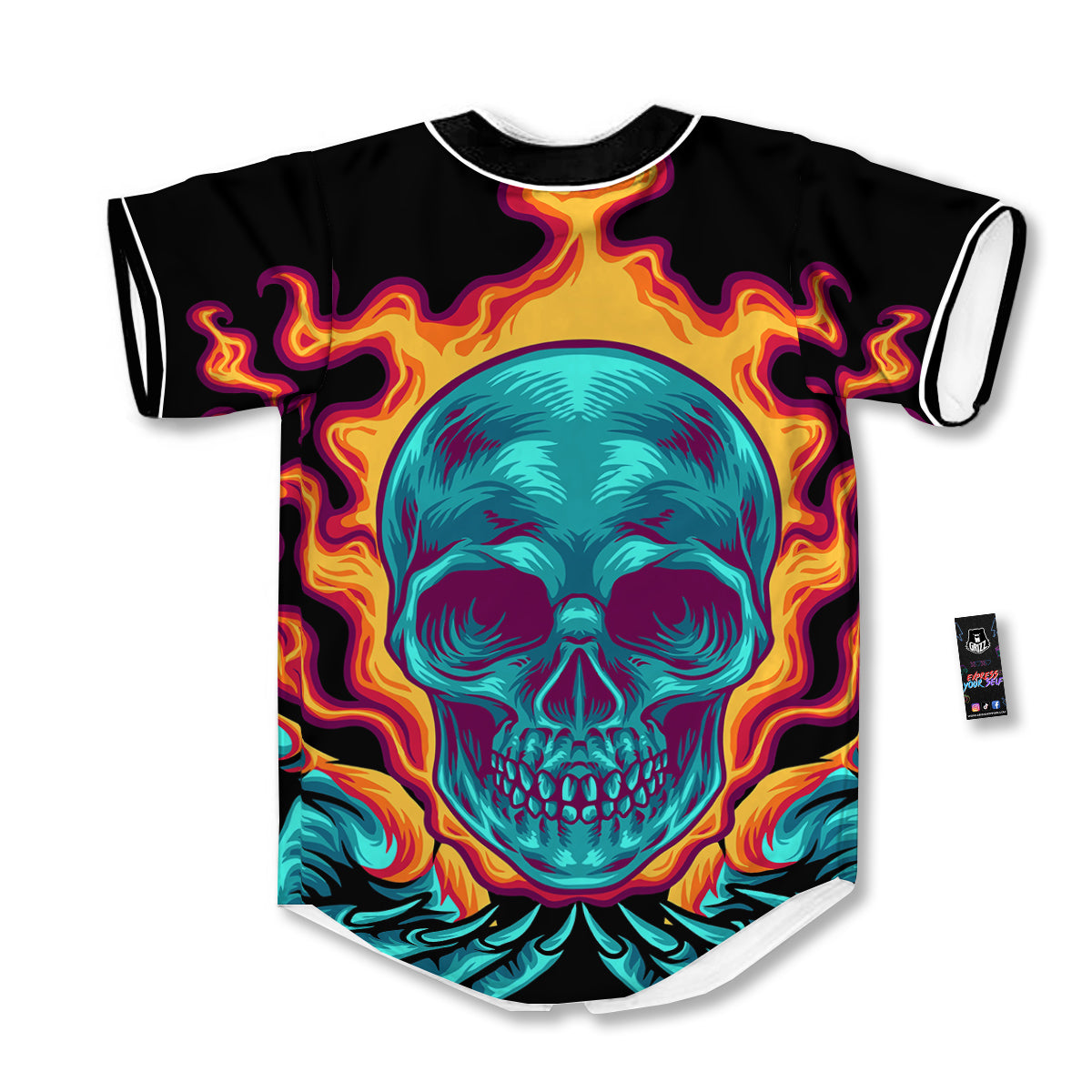 Skull Burning Print Baseball Jersey-grizzshop