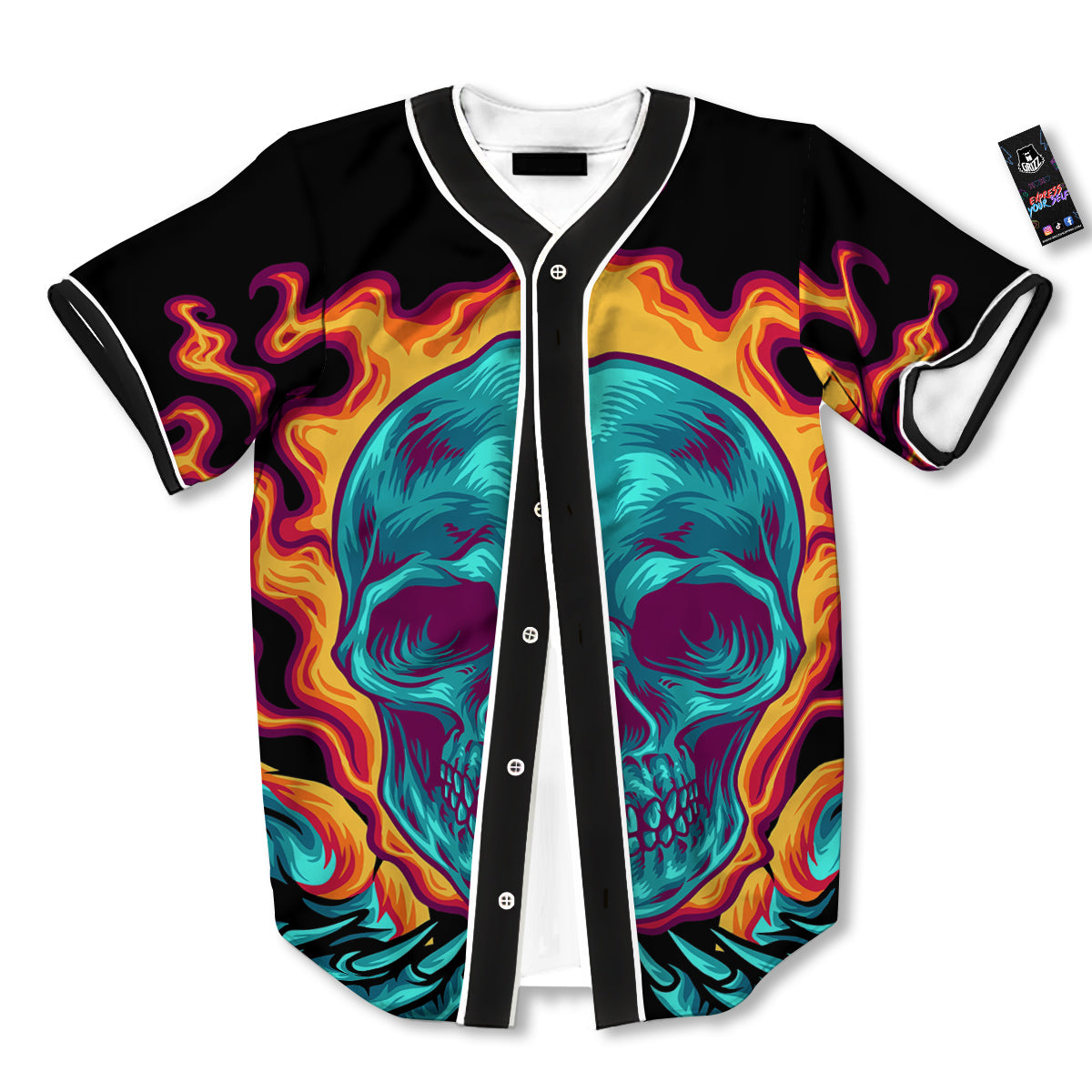 Skull Burning Print Baseball Jersey-grizzshop