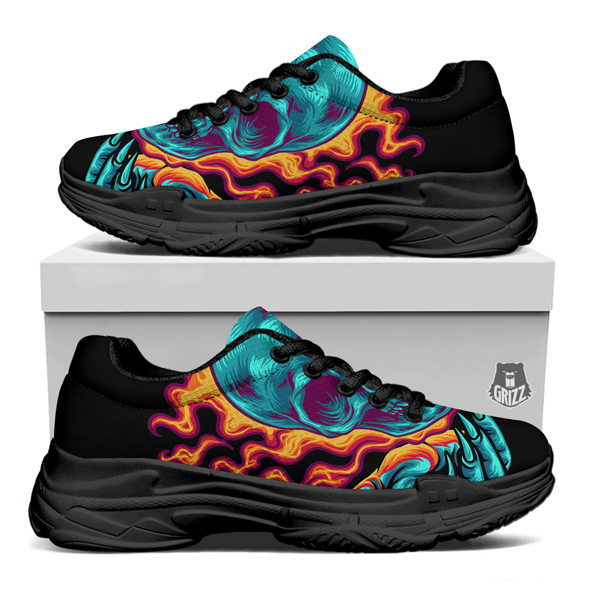 Skull Burning Print Black Chunky Shoes-grizzshop