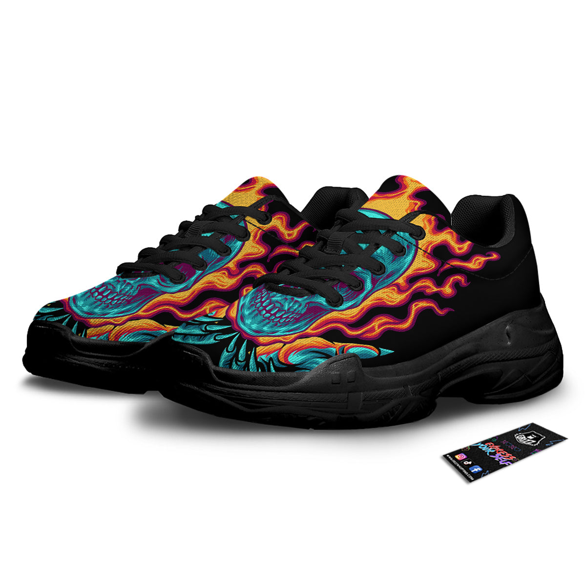 Skull Burning Print Black Chunky Shoes-grizzshop