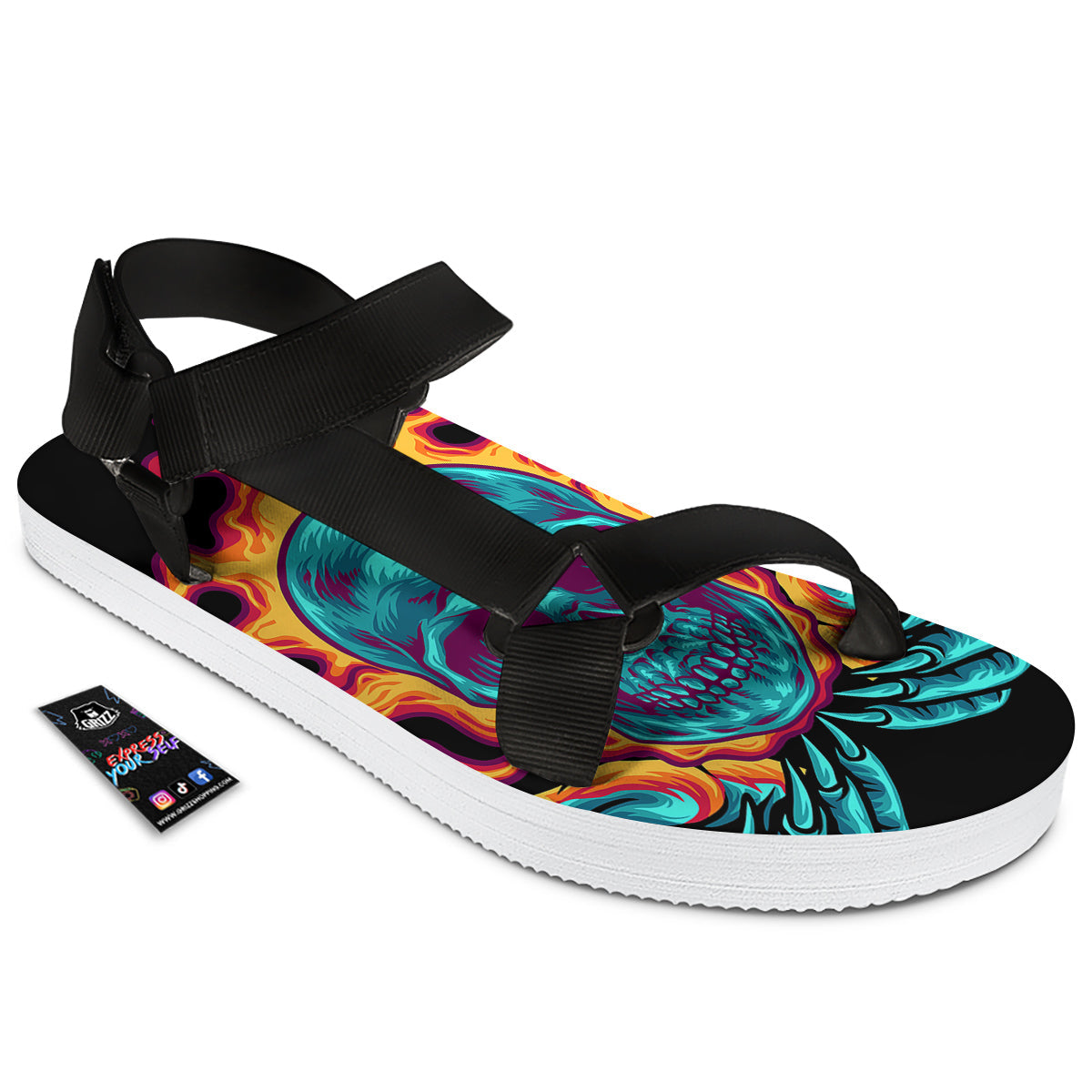 Skull Burning Print Black Open Toe Sandals-grizzshop