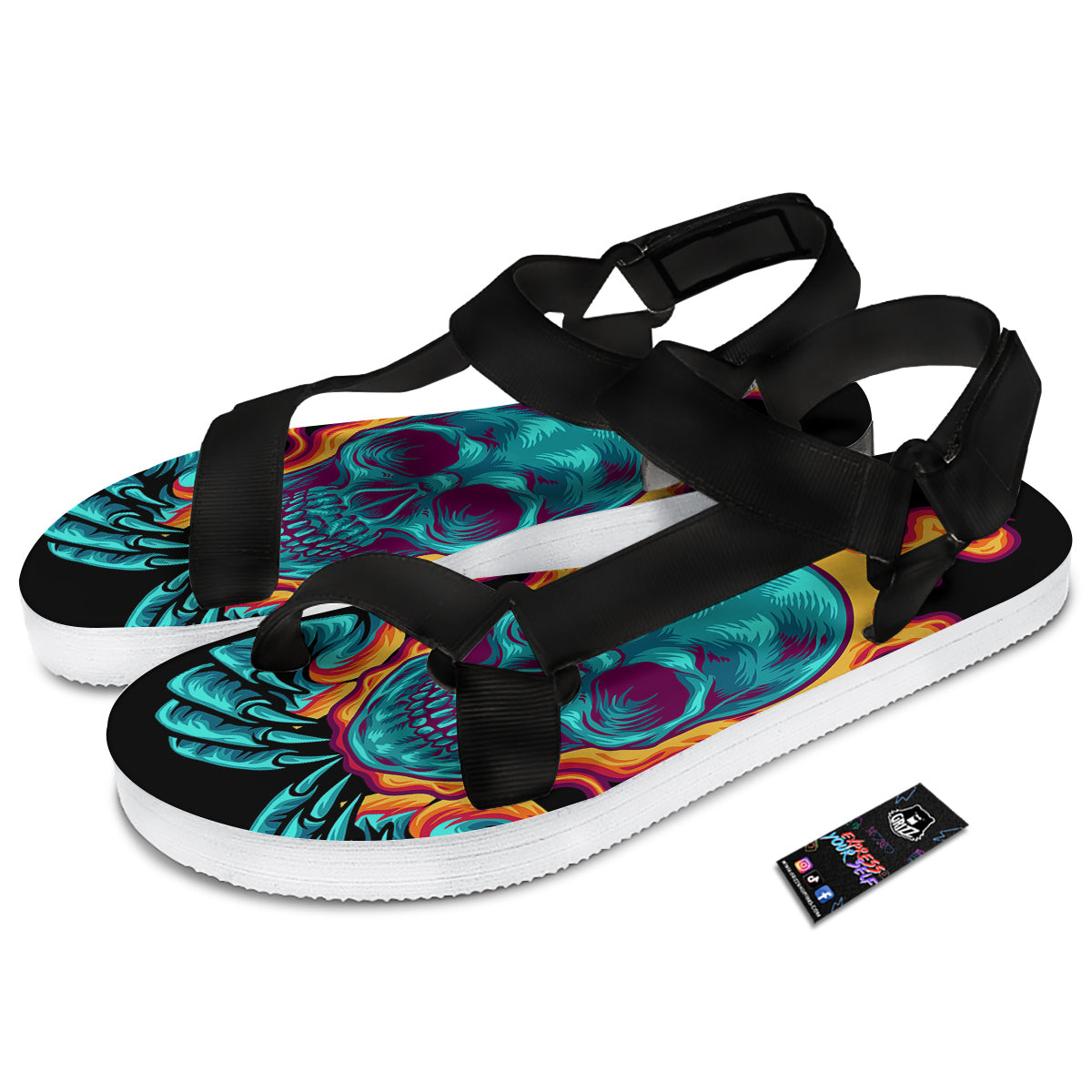Skull Burning Print Black Open Toe Sandals-grizzshop