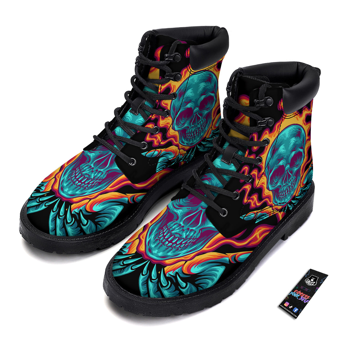 Skull Burning Print Boots-grizzshop