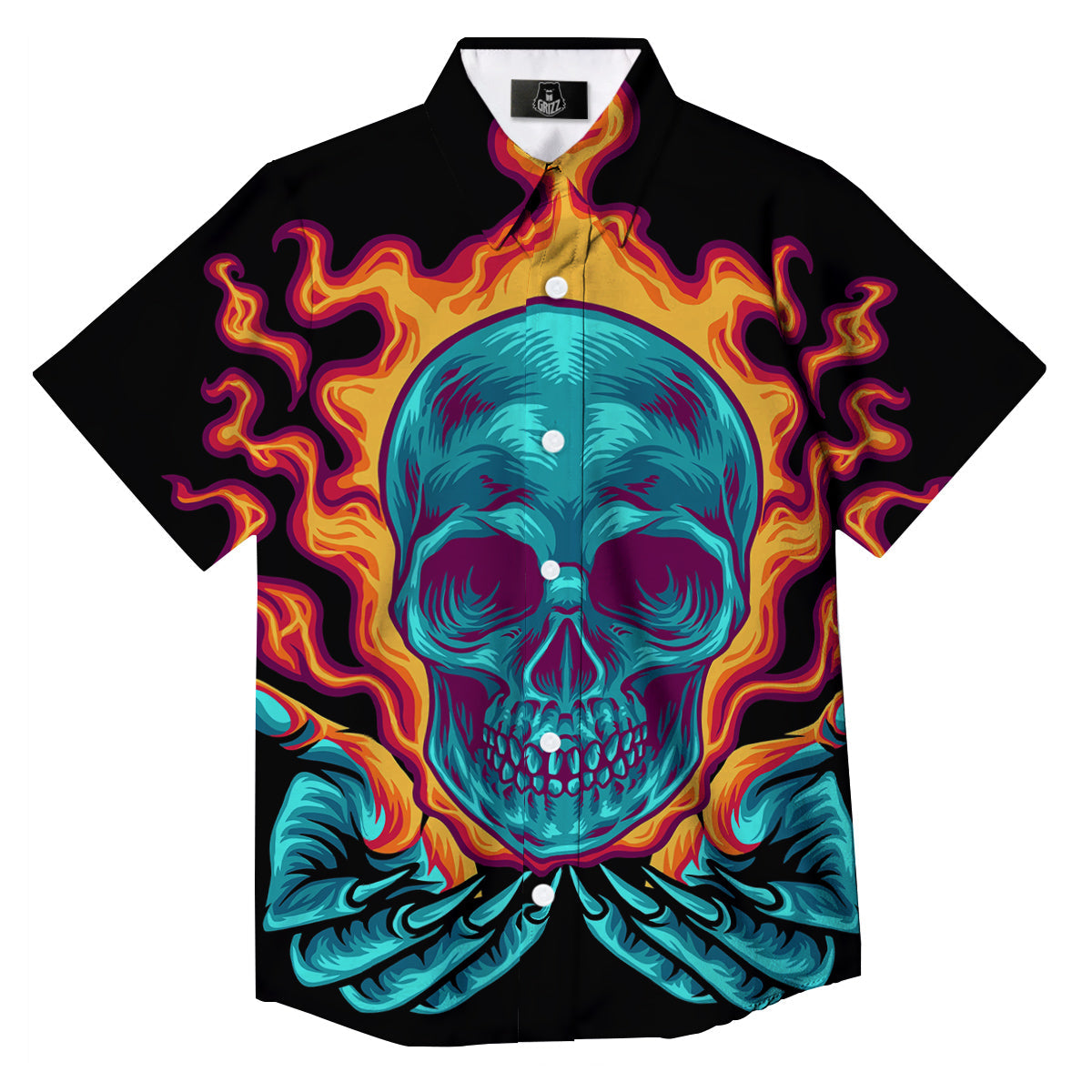 Skull Burning Print Button Up Shirt-grizzshop