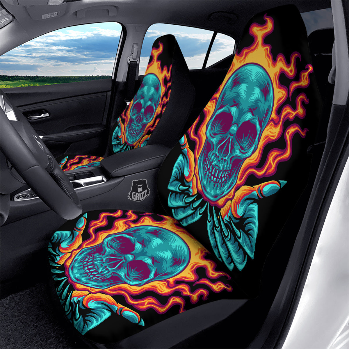 Skull Burning Print Car Seat Covers-grizzshop