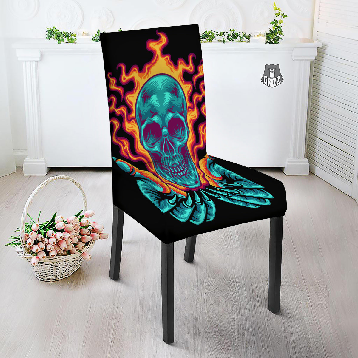 Skull Burning Print Dining Chair Slipcover-grizzshop