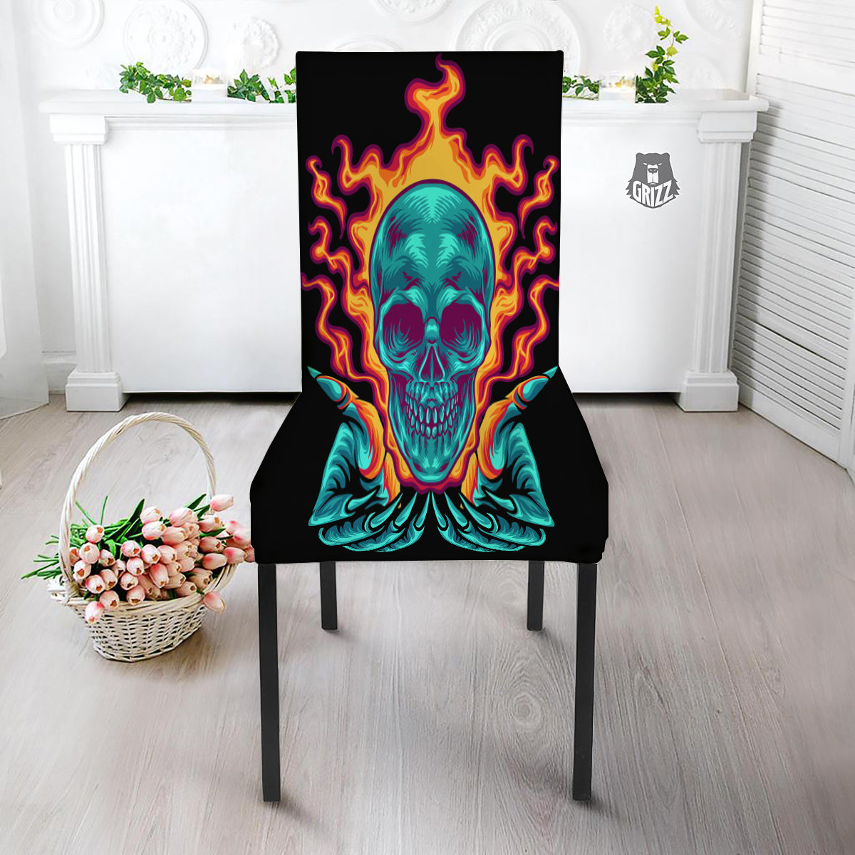 Skull Burning Print Dining Chair Slipcover-grizzshop