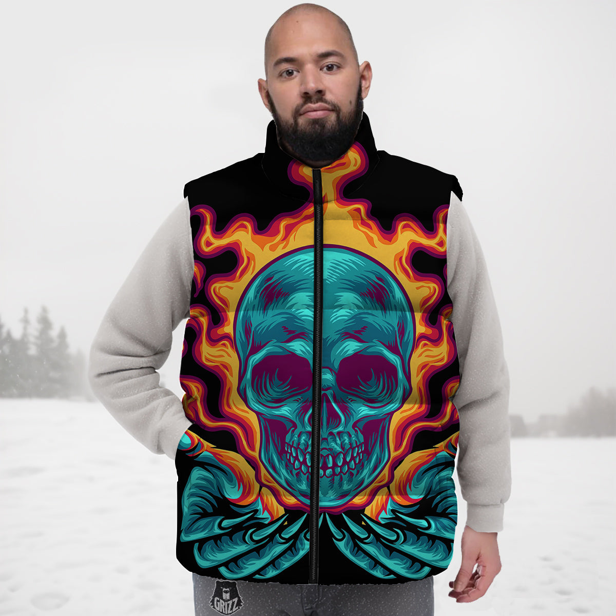 Skull Burning Print Down Vest