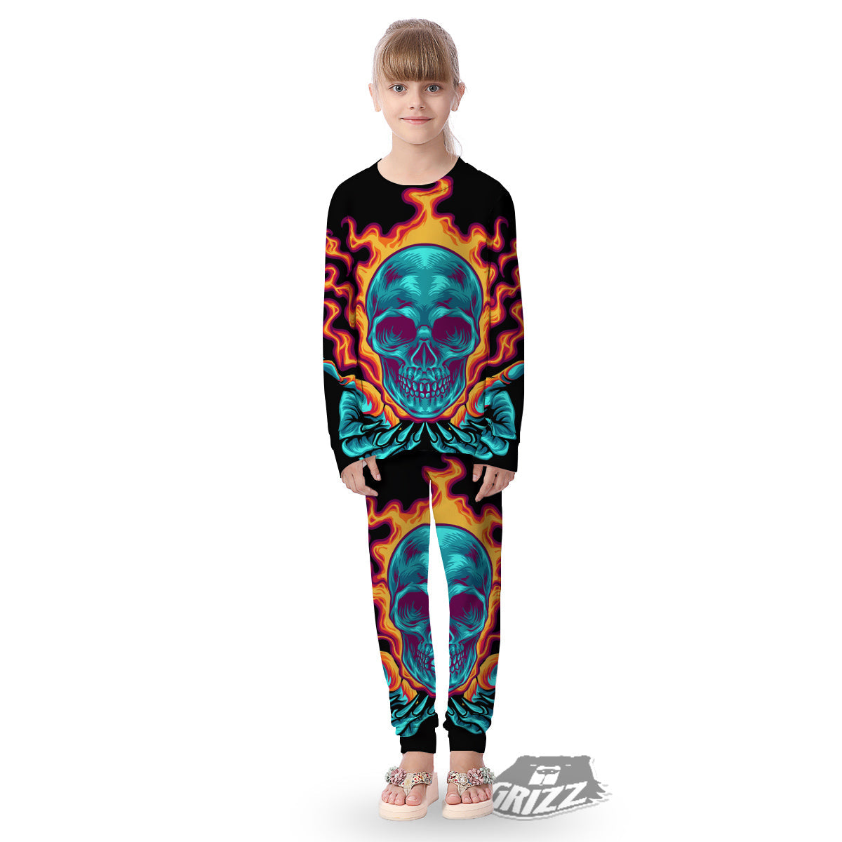 Skull Burning Print Kid's Pajamas-grizzshop