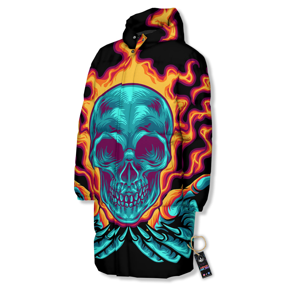 Skull Burning Print Long Down Jacket-grizzshop