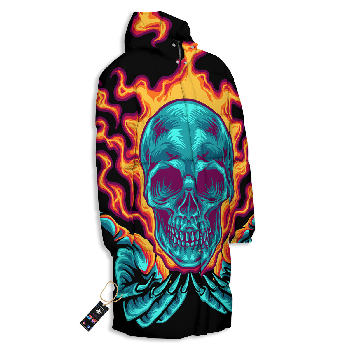 Skull Burning Print Long Down Jacket-grizzshop