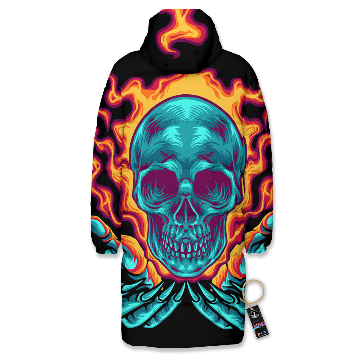 Skull Burning Print Long Down Jacket-grizzshop