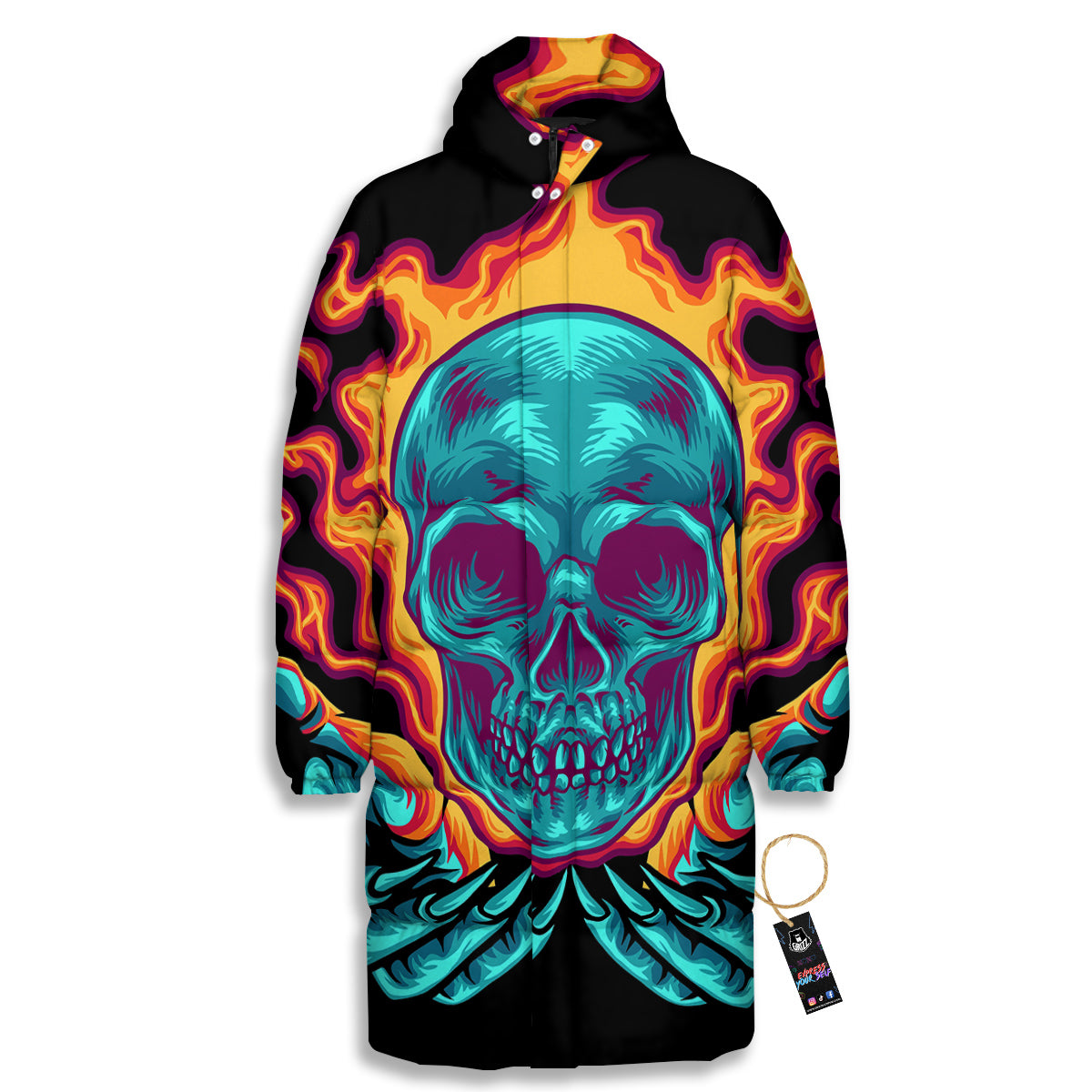 Skull Burning Print Long Down Jacket-grizzshop