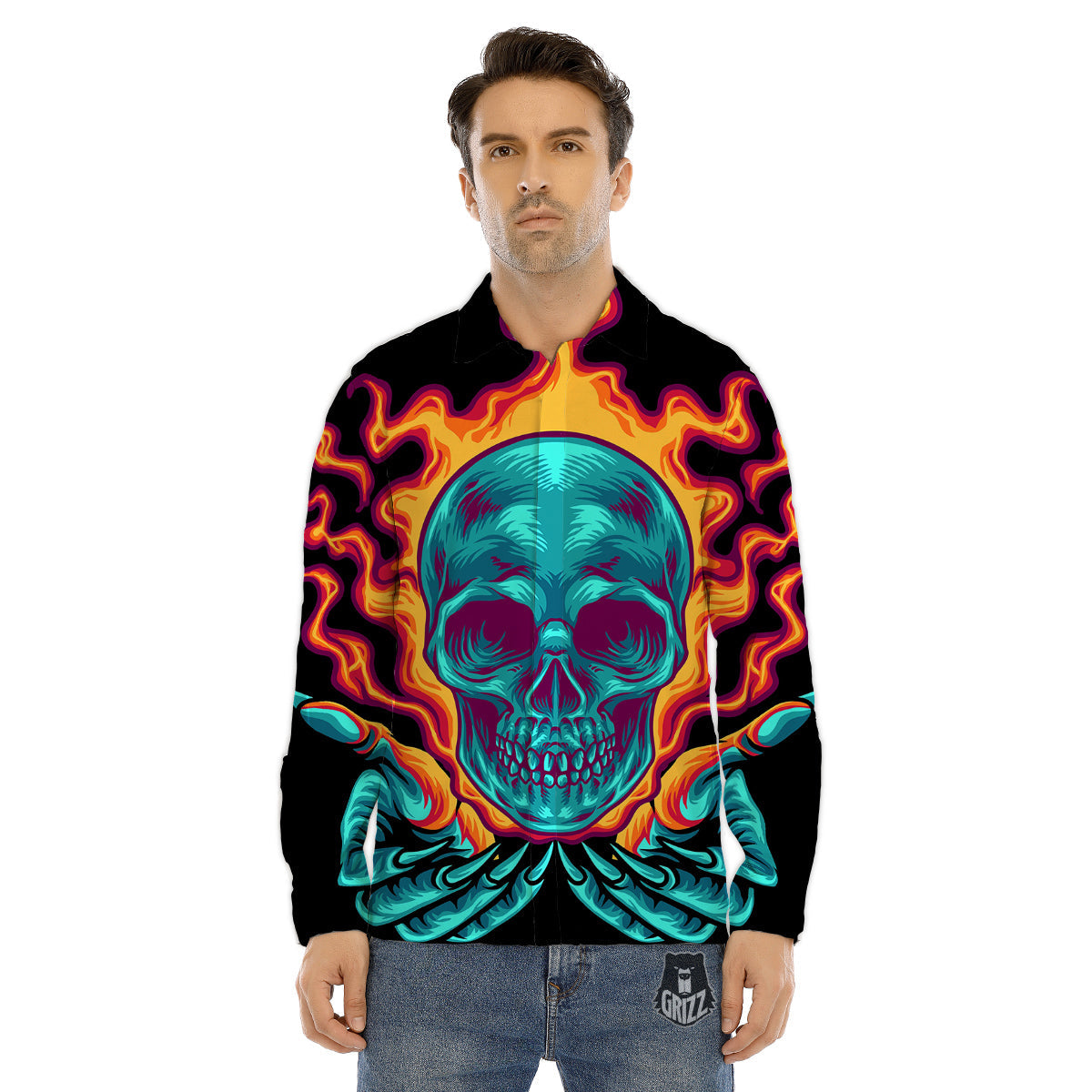 Skull Burning Print Men's Dress Shirts-grizzshop