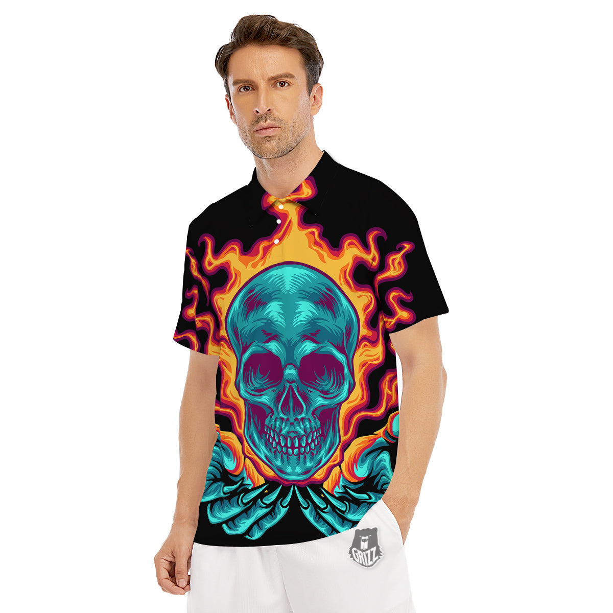 Skull Burning Print Men's Golf Shirts-grizzshop