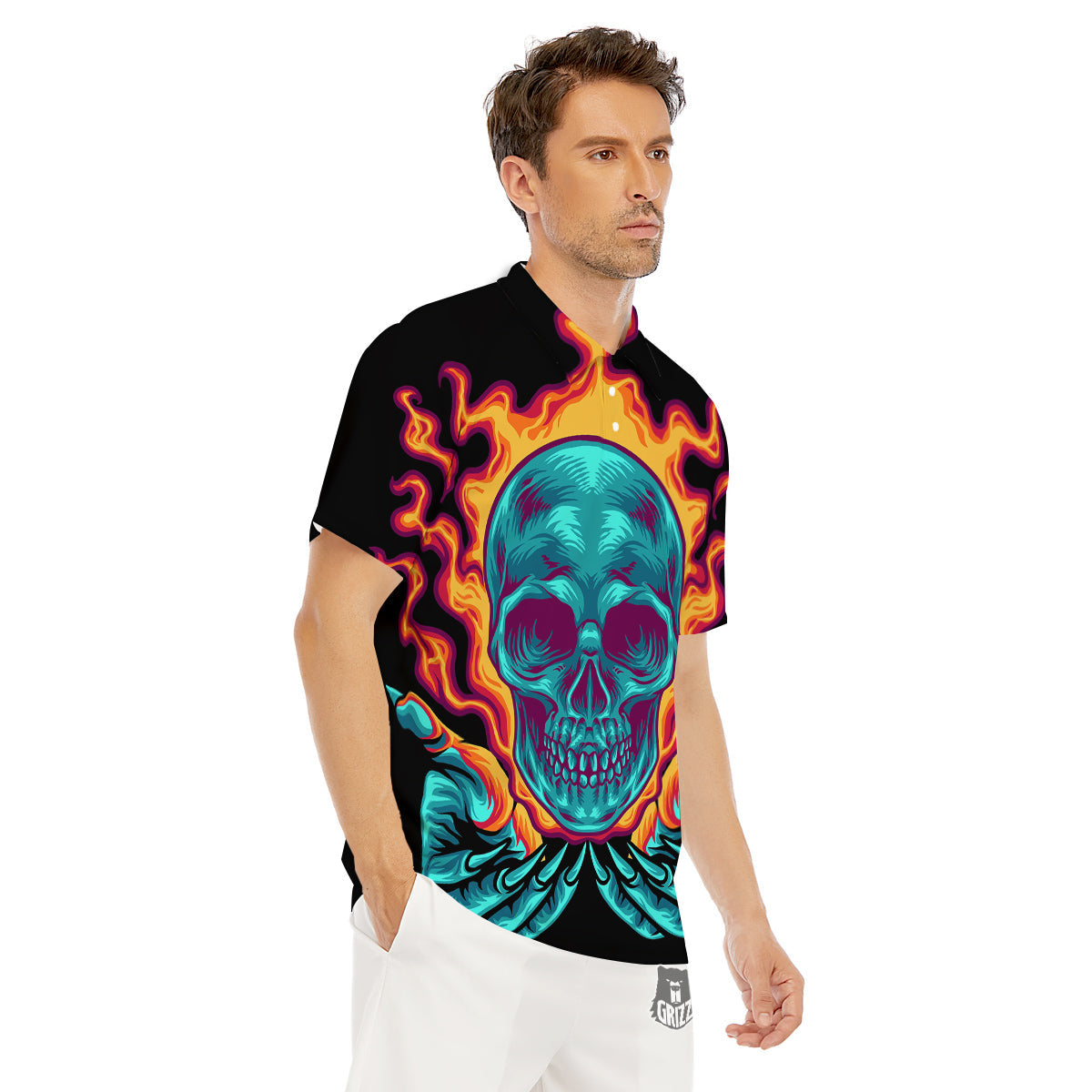Skull Burning Print Men's Golf Shirts-grizzshop