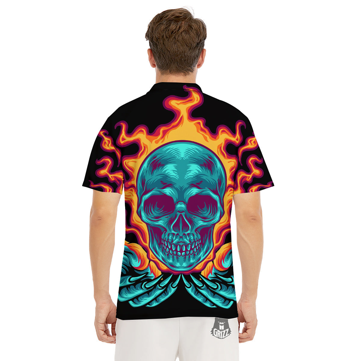 Skull Burning Print Men's Golf Shirts-grizzshop