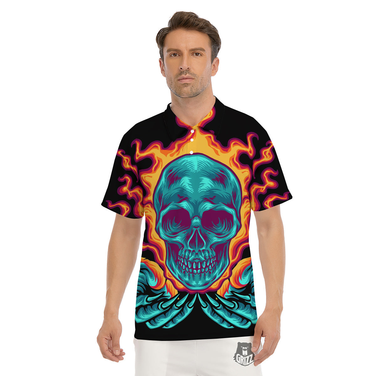 Skull Burning Print Men's Golf Shirts-grizzshop