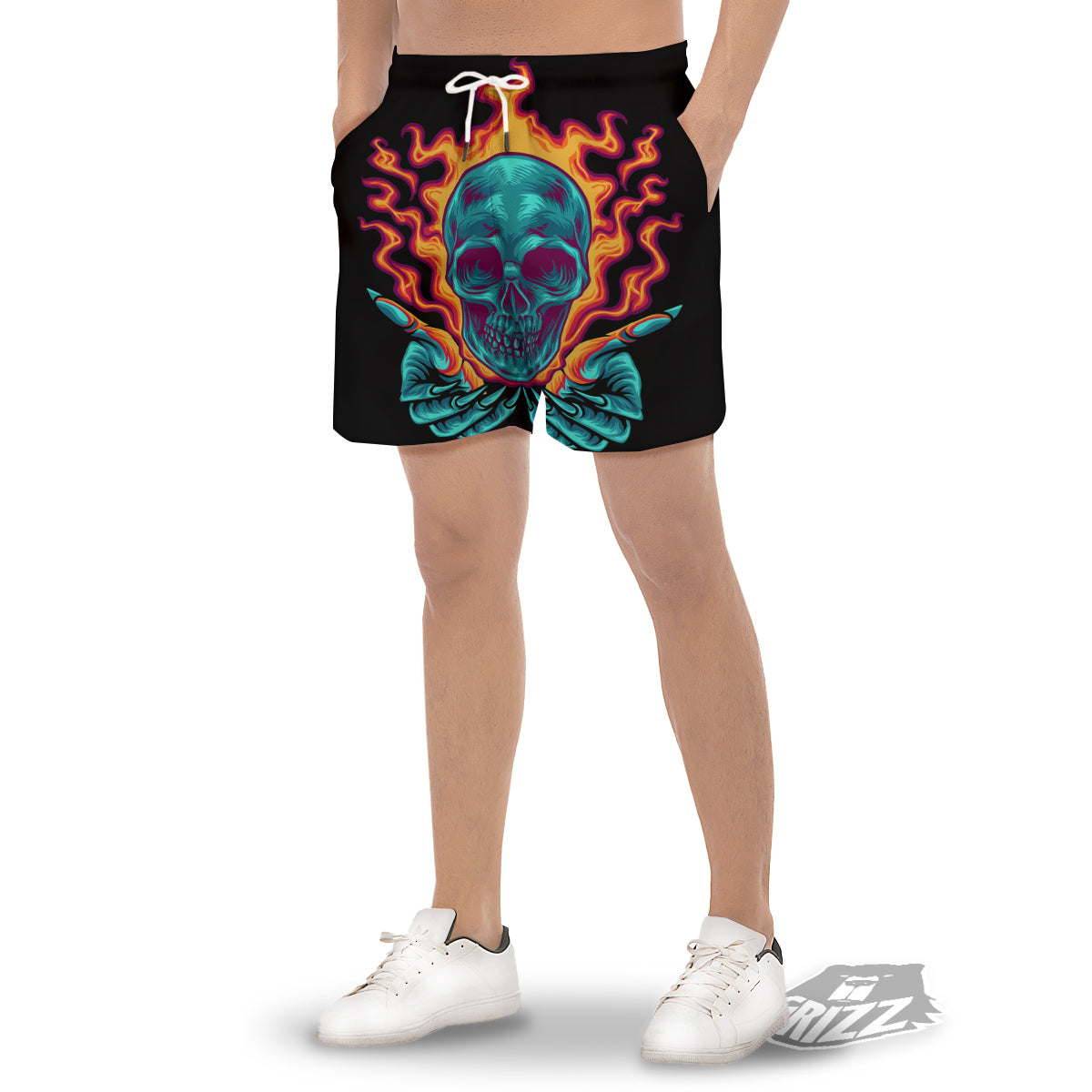 Skull Burning Print Men's Gym Shorts-grizzshop