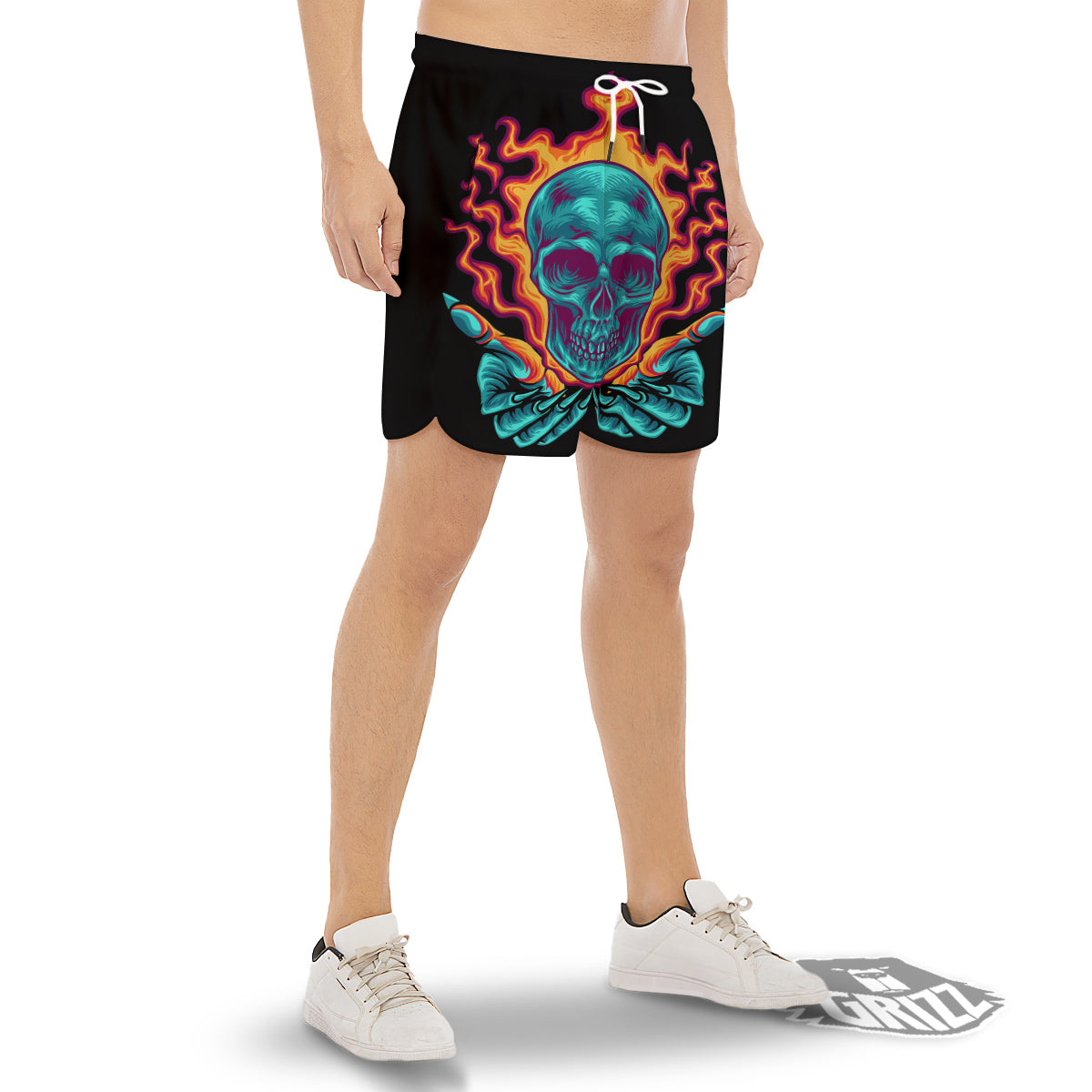 Skull Burning Print Men's Gym Shorts-grizzshop