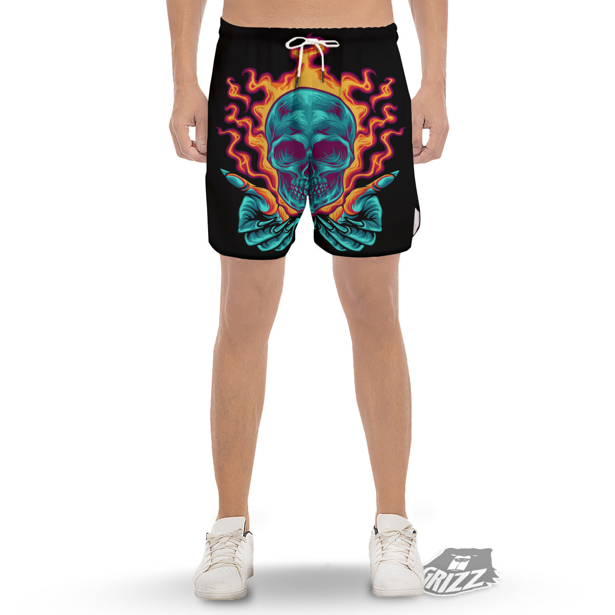 Skull Burning Print Men's Gym Shorts-grizzshop