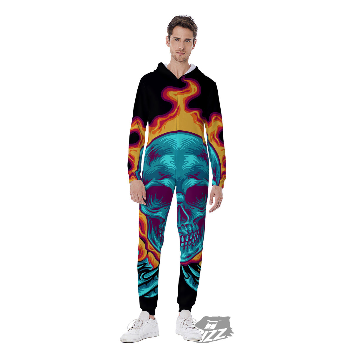 Skull Burning Print Men's Jumpsuit-grizzshop