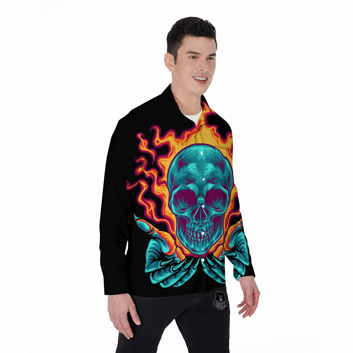 Skull Burning Print Men's Long Sleeve Shirts-grizzshop