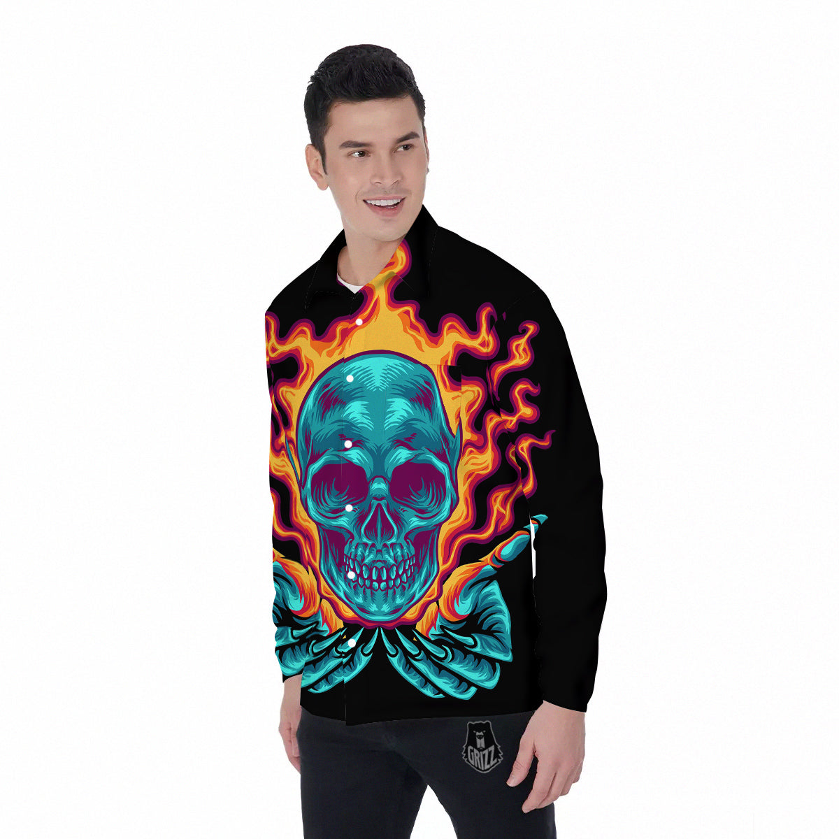 Skull Burning Print Men's Long Sleeve Shirts-grizzshop
