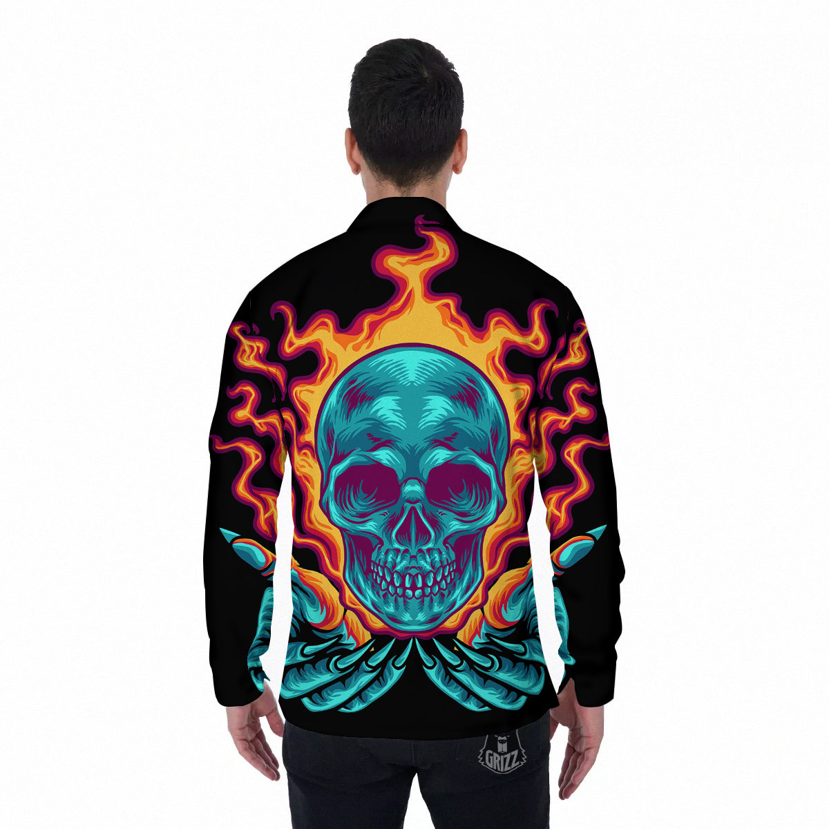Skull Burning Print Men's Long Sleeve Shirts-grizzshop