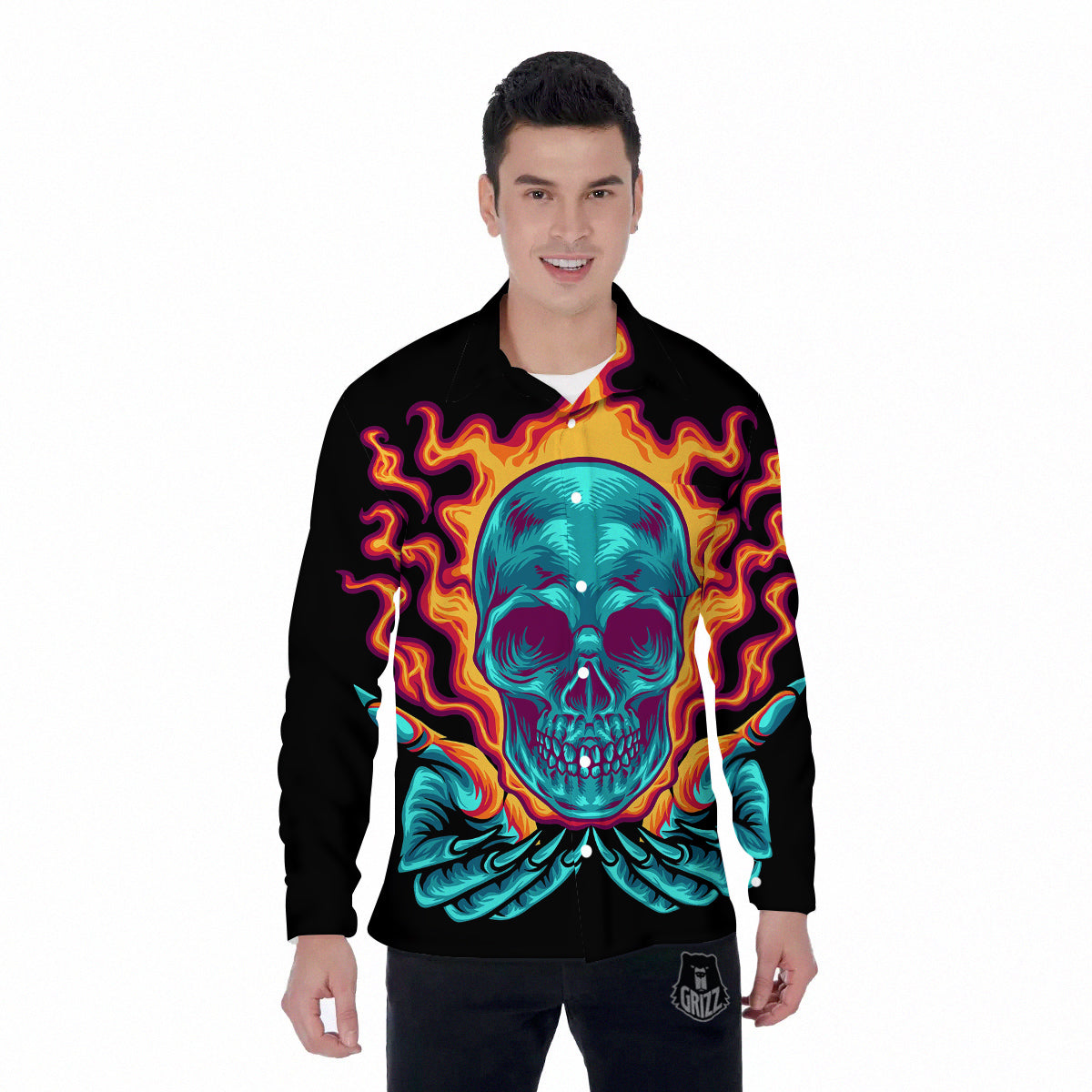 Skull Burning Print Men's Long Sleeve Shirts-grizzshop