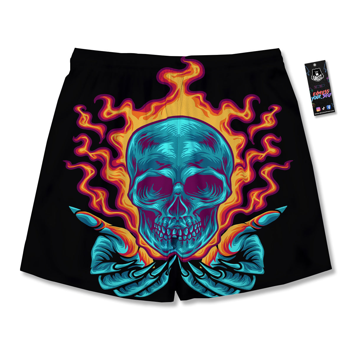 Skull Burning Print Men's Running Shorts-grizzshop