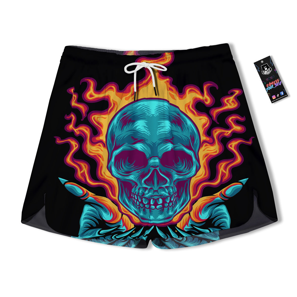 Skull Burning Print Men's Running Shorts-grizzshop