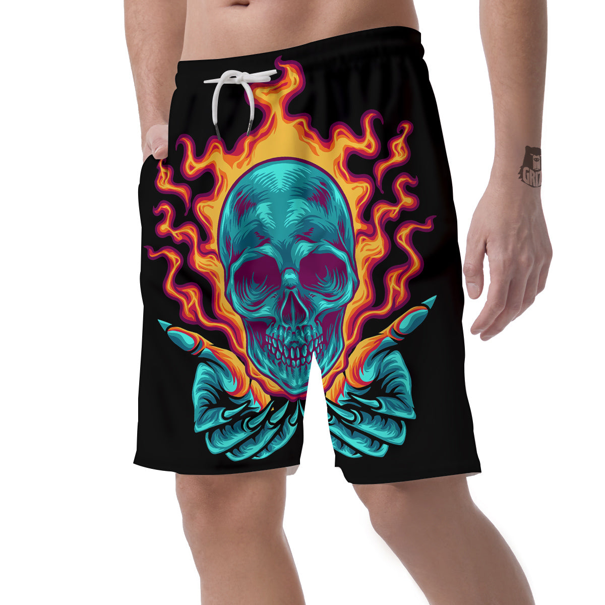 Skull Burning Print Men's Shorts-grizzshop