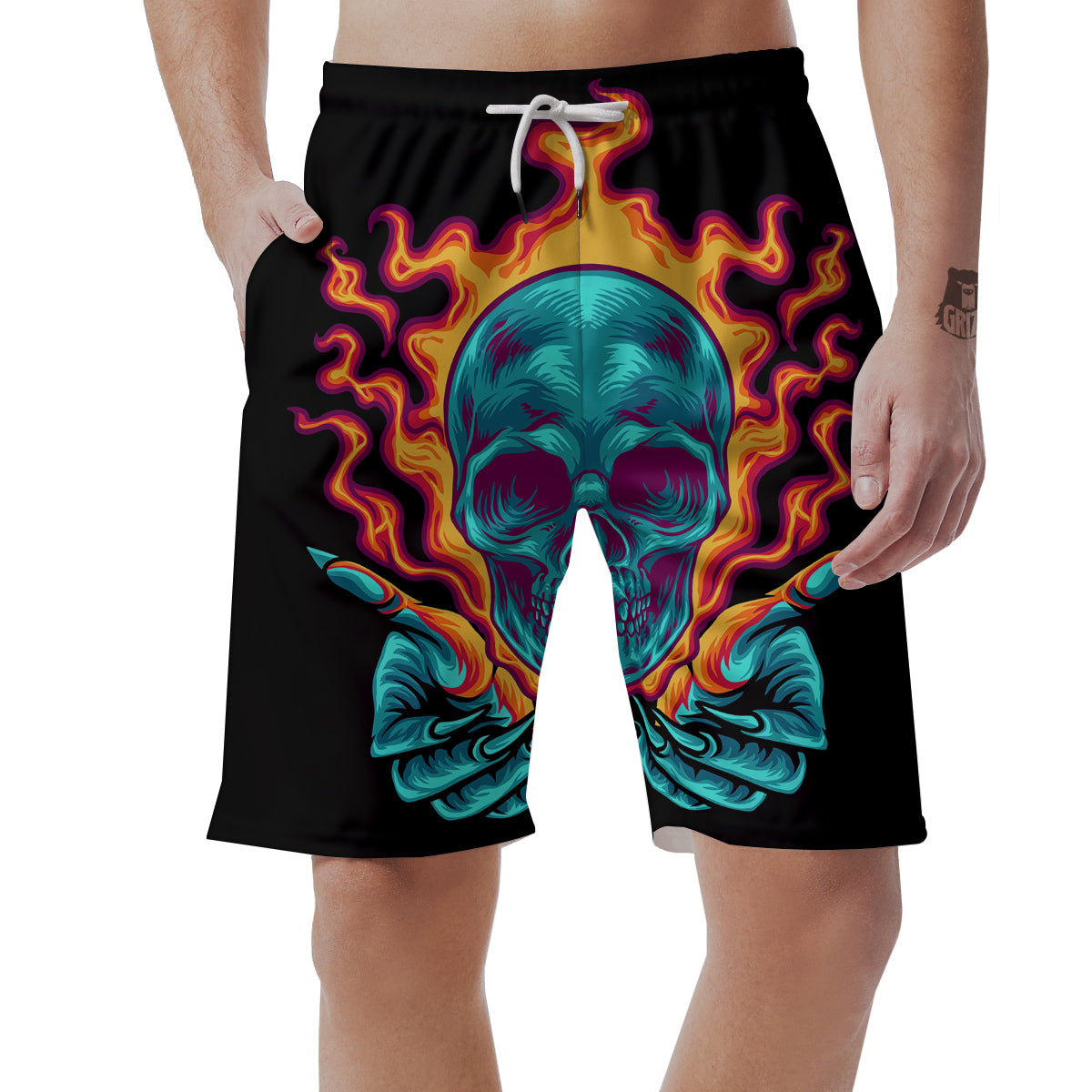 Skull Burning Print Men's Shorts-grizzshop
