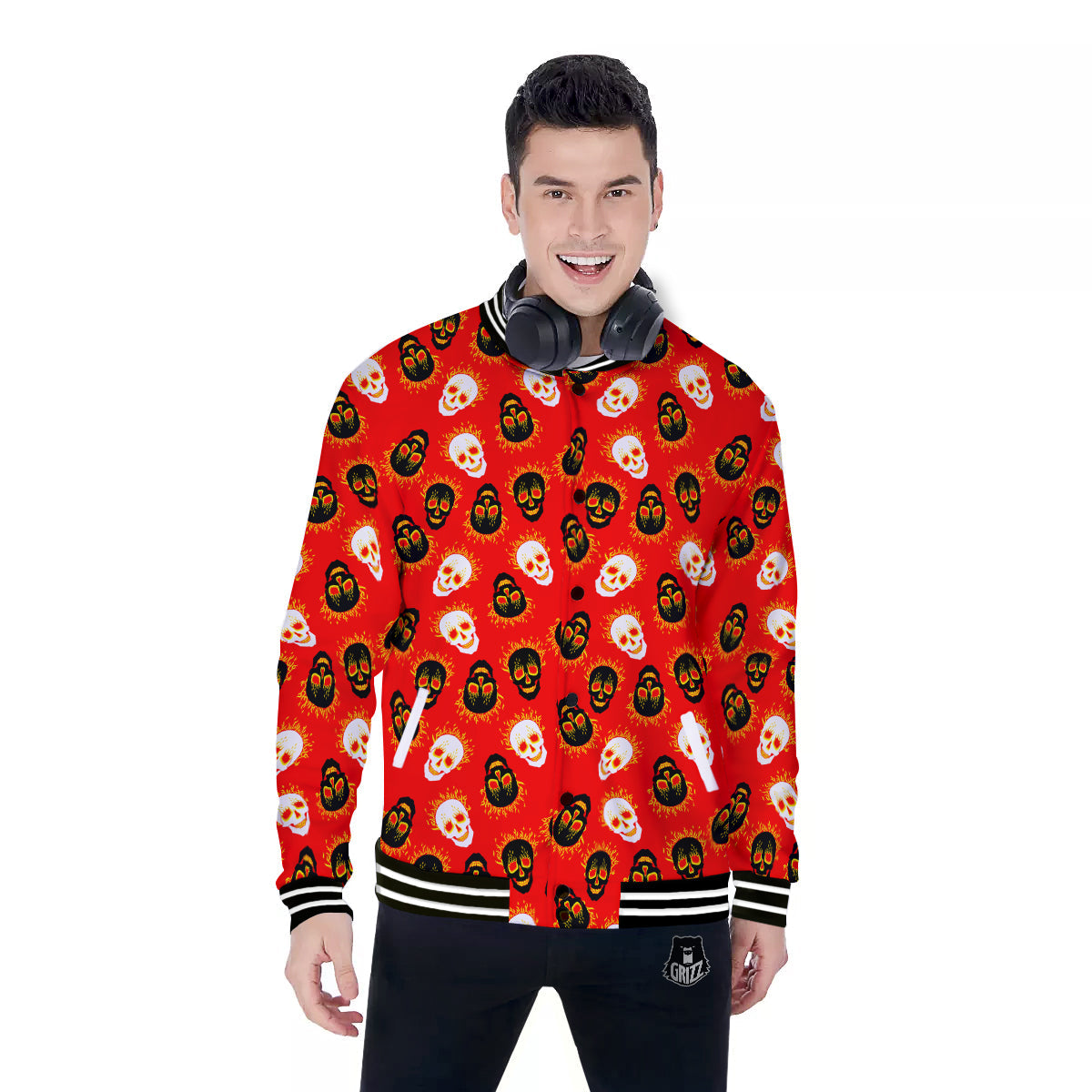 Skull Burning Print Pattern Baseball Jacket-grizzshop