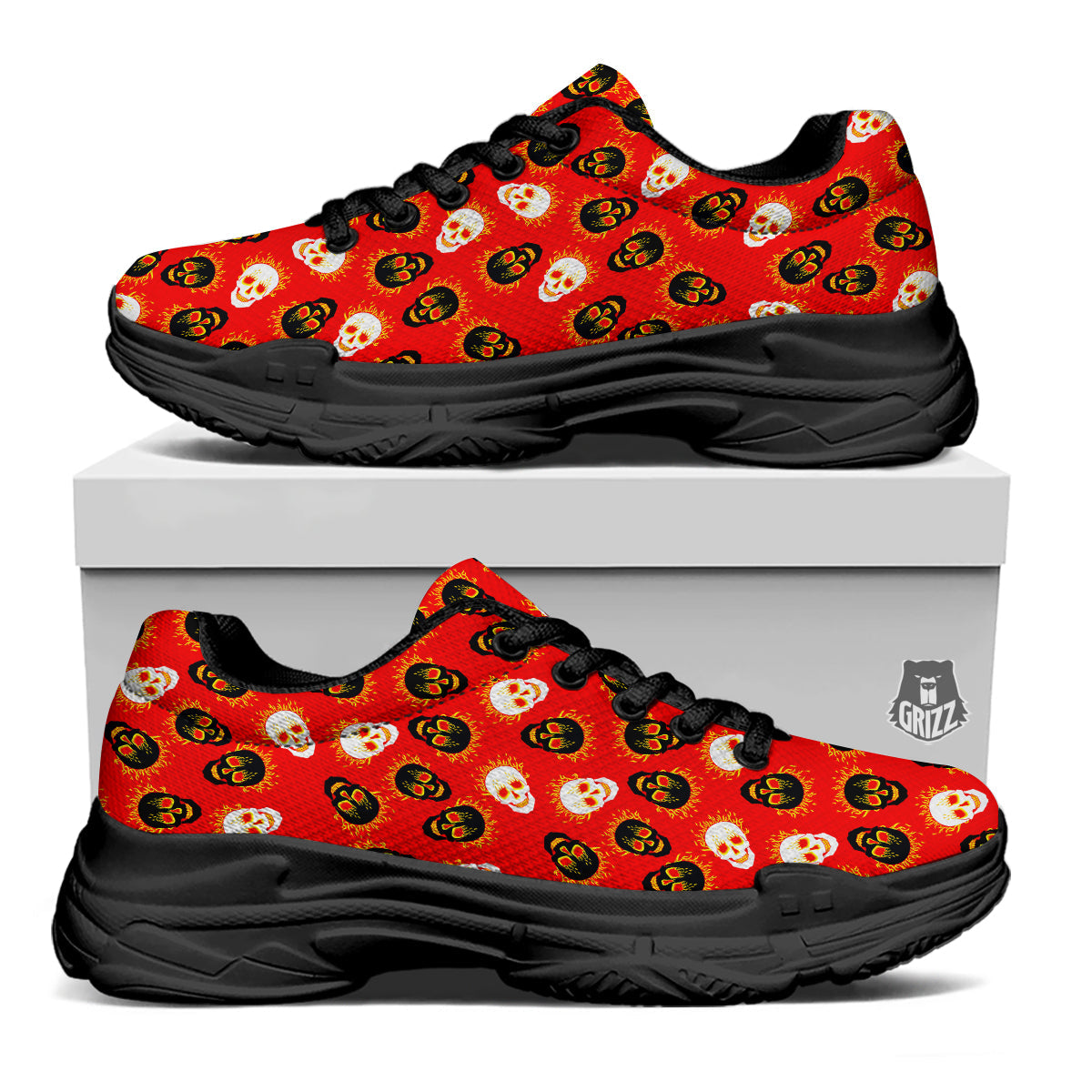 Skull Burning Print Pattern Black Chunky Shoes-grizzshop