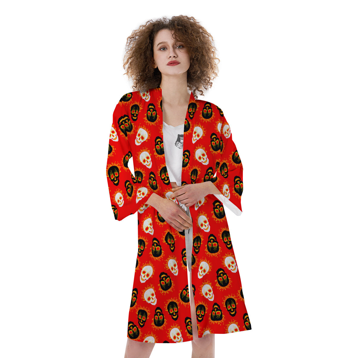 Skull Burning Print Pattern Kimono-grizzshop