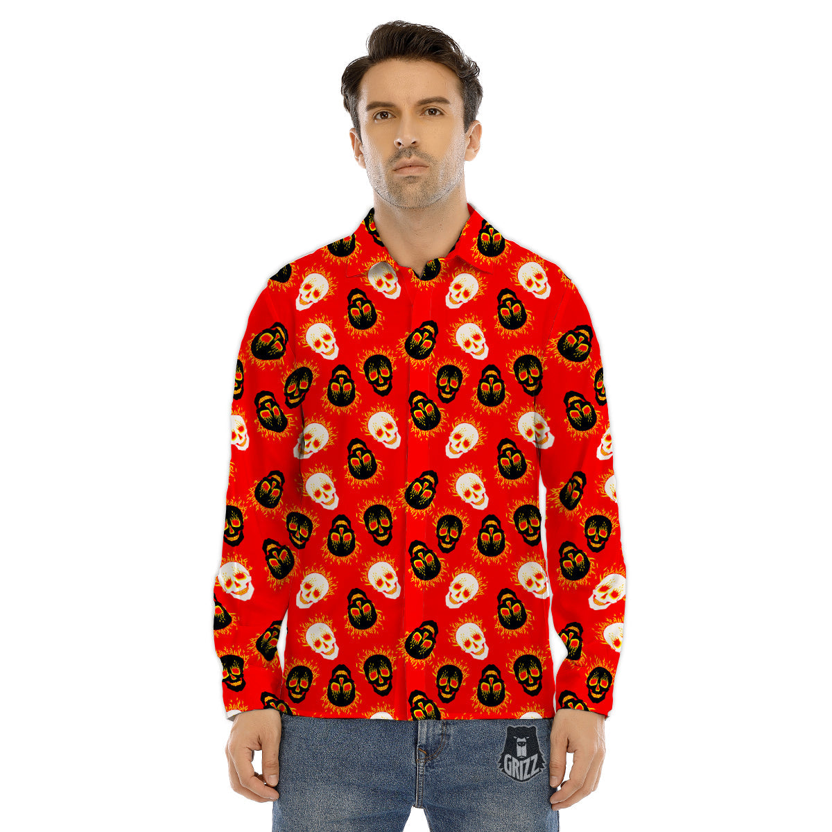 Skull Burning Print Pattern Men's Dress Shirts-grizzshop